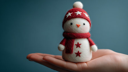 Handmade knitted toy snowman on a blue background close upの素材