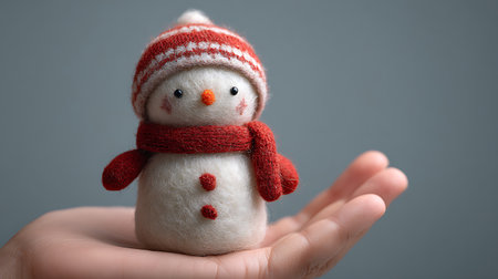 Hand holding a snowman toy with red scarf on gray background.の素材