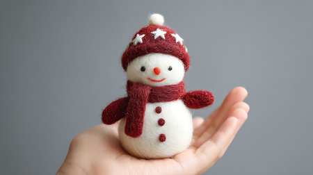 Handmade knitted snowman with red scarf and cap on gray backgroundの素材