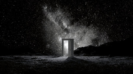 Conceptual image with open door, night sky and stars backgroundの素材