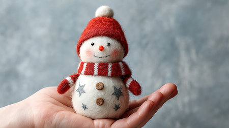 Female hand with Christmas toy snowman on gray background, closeupの素材