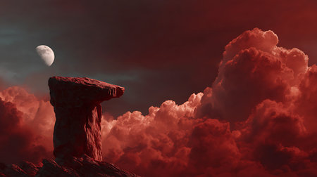 Fantasy landscape with red rocks and full moon. 3d renderの素材
