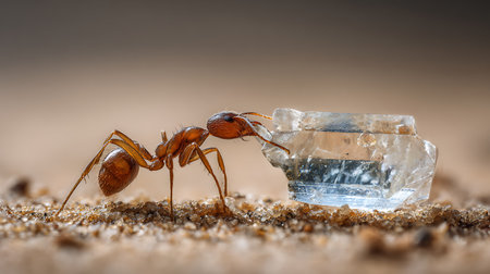 Ant and ice cube on a wooden floor. Close-up.の素材