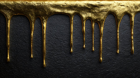 golden paint dripping on black wall background. golden paint dripping on black wallの素材