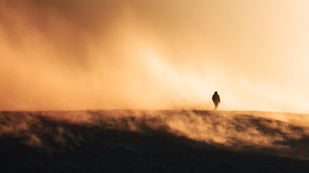 Silhouette of a man standing on top of a mountain with fog in the backgroundの素材