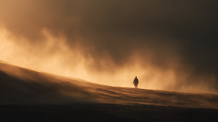 Man walking in the foggy mountains at sunset. Winter landscape.の素材