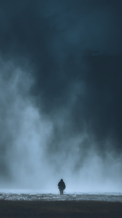 Silhouette of a man in the middle of a foggy fieldの素材