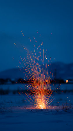 Sparks from burning steel wool at night in the winter.の素材