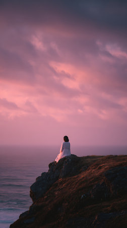 Silhouette of a young woman sitting on a cliff at sunset.の素材