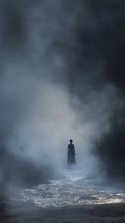 Mysterious silhouette of a girl in a long dress standing in the fogの素材