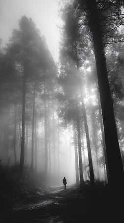 Mysterious foggy forest with silhouette of a man walking in the middleの素材