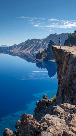 Hiker on the edge of a cliff looking at Lake Tahoeの素材
