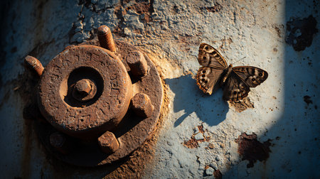 Rusty bolt and butterfly on the background of the old rusty wallの素材