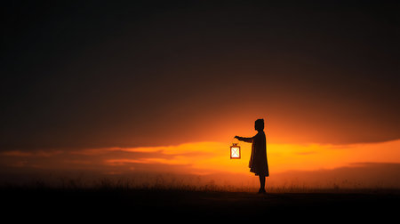 Silhouette of muslim woman praying with lantern on sunset backgroundの素材