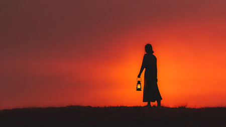 Silhouette of a woman with a lantern on a sunset backgroundの素材