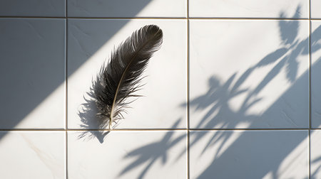 Feather and shadow on white tile floor. Minimal style.の素材