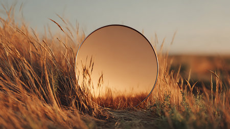 Round mirror in the field at sunset. 3d illustration. Selective focus.の素材