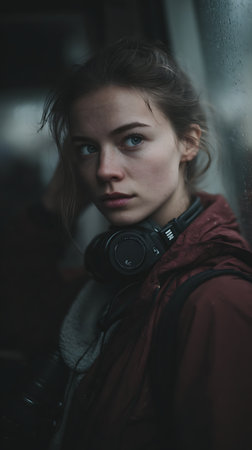 Portrait of a girl in a red jacket with a gas mask.の素材