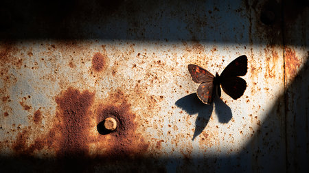 Rusty metal background with butterfly shadow, grunge textured backgroundの素材