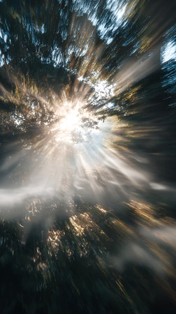Abstract motion blur of tree in forest with sunbeams and lens flareの素材