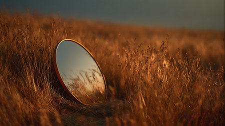 Mirror in the wheat field at sunset. 3d rendering.の素材