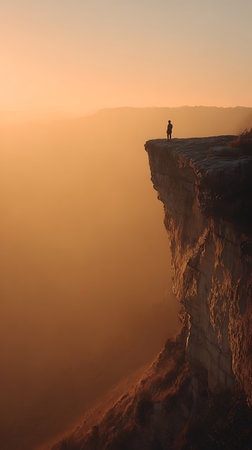 Silhouette of a man standing on the edge of cliff at sunriseの素材