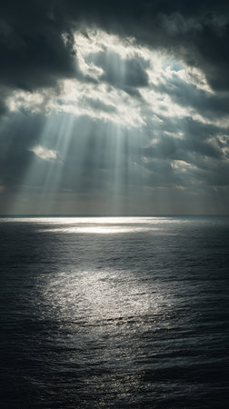 Beautiful seascape with dramatic sky and sunbeams.の素材