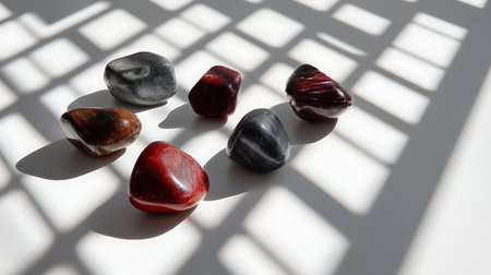 Red and black stones on white background with shadow from the window.の素材