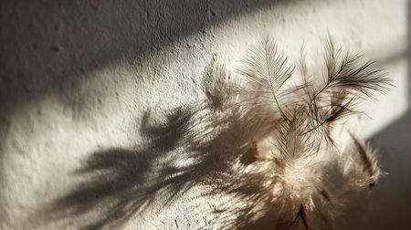 feathers on a white wall in the rays of the sunの素材