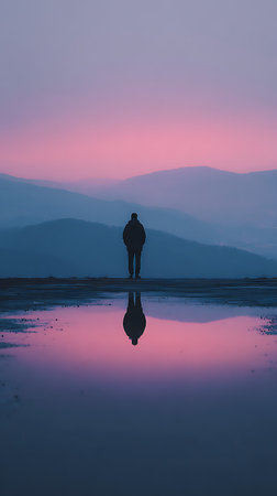 Silhouette of a man standing in the middle of a lake at sunsetの素材