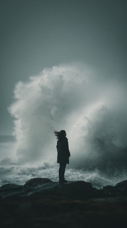 A young woman standing on a rock at the edge of a stormy sea.の素材