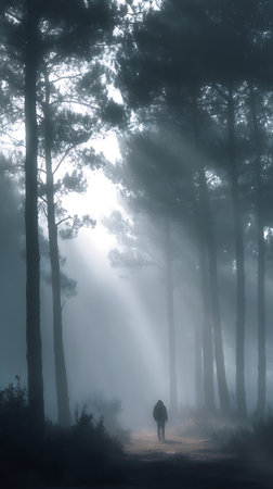 Silhouette of a man walking through a misty pine forestの素材
