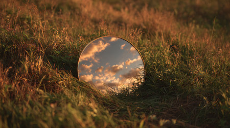 Reflection of the sunset in a round mirror on the grass.の素材