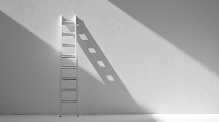 Ladder on a white wall. 3d rendering. Mock up.の素材