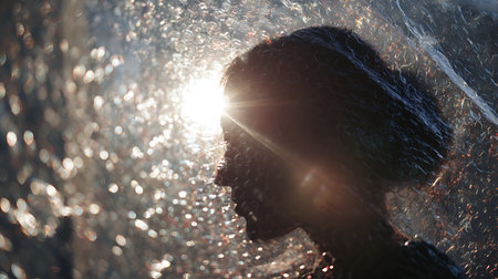 Silhouette of a girl in the rain on a background of the sunの素材
