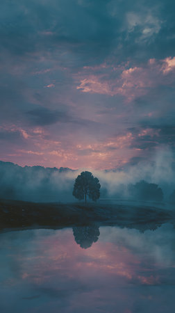 Landscape with a lonely tree in the middle of a foggy lakeの素材