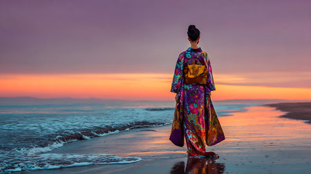 Beautiful asian woman in kimono walking on the beach at sunsetの素材