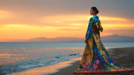 Asian woman in kimono walking on the beach at sunset.の素材