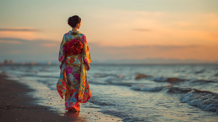 Beautiful young woman in kimono walking on the beach at sunsetの素材