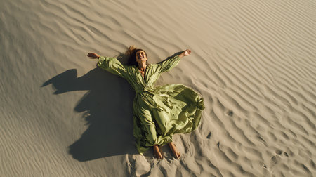 Silhouette of a woman dancing on the beach at sunset.の素材