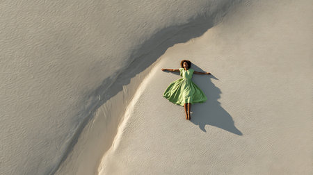 Top view of young woman in green dress lying on sand in desertの素材