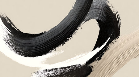 Abstract black and white brushstrokes on a beige background.の素材