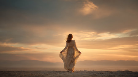 Young beautiful woman in long white dress on the beach at sunset.の素材