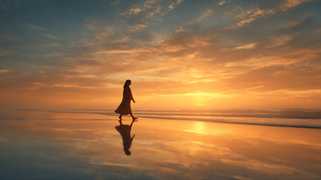 Silhouette of a woman walking on the beach at sunset.の素材
