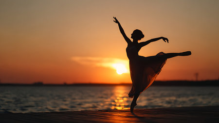 Silhouette of beautiful ballerina dancing on pier at sunsetの素材