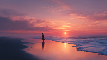 Silhouette of a woman walking on the beach at sunset.の素材