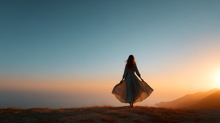 Silhouette of a girl in a long white dress on the hill at sunsetの素材