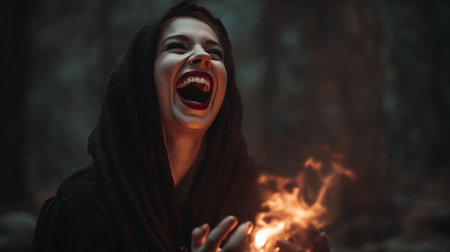 Screaming young woman in the dark forest with a bonfireの素材