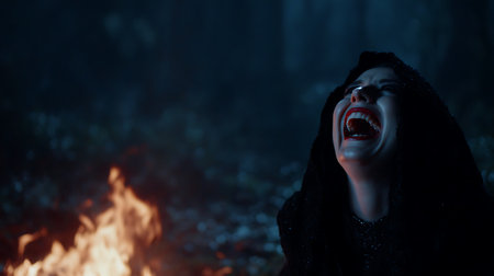 Screaming woman in the dark forest with a bonfire.の素材