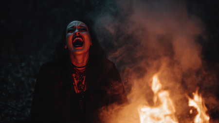 Screaming woman in the dark forest with a bonfire.の素材